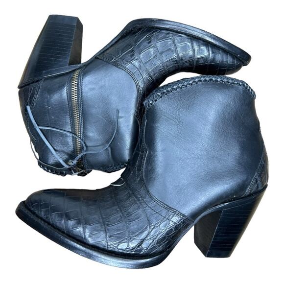 Allens Boots Black Goat Leather Reptile Cowboy Boots Bootie Size 8 - Picture 7 of 16